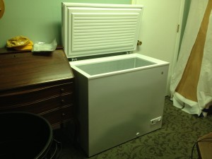 unpacked chest freezer in place